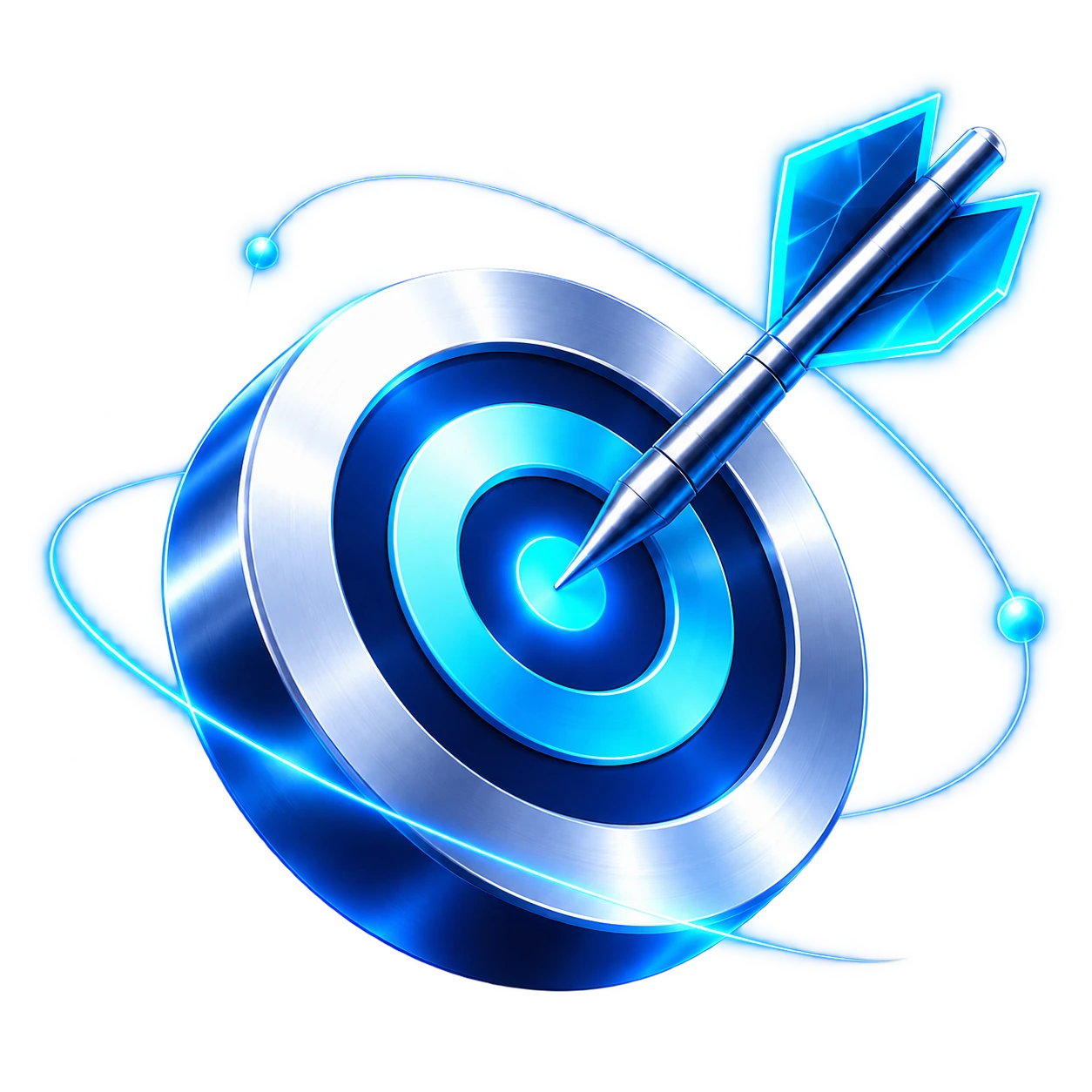 A polished silver target with a cyan dart hitting its glowing center
