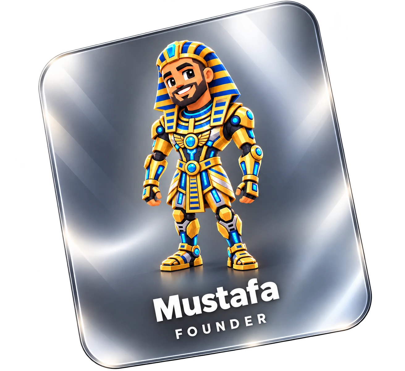 Mustafa, Founder, depicted as a cartoon robotic Pharaoh on a silver card